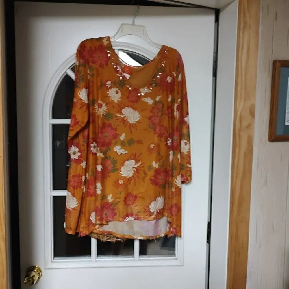 Hearts Of Palm Mustard Multi-Color Flowered 3/4 Sleeve Top Size Women's 2X